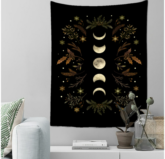 Moon Phase Tapestry - Black Boho With Brown Leaves